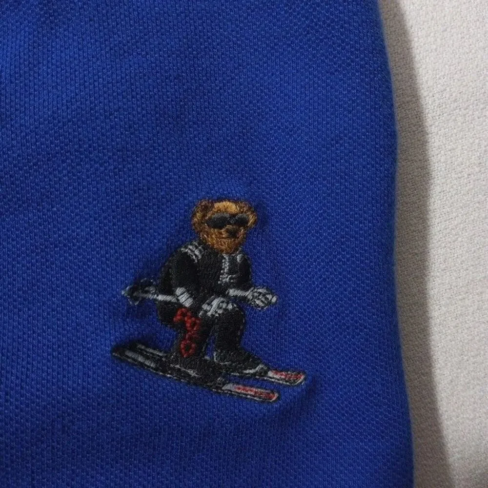 Ralph Lauren Men's Medium Skiing‎ Bear Polo Shirt Blue Short Sleeve